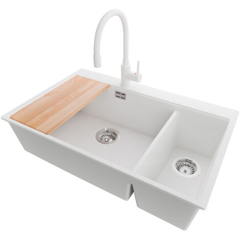 PRIMAGRAN Evier Cuisine en Granit 78x50cm, Lavabo 2 bacs + Robinet 38x14cm + Kit de Vidage + Accessoire, Évier à Encastrer au meuble 80cm - Oslo Duo, Blanc