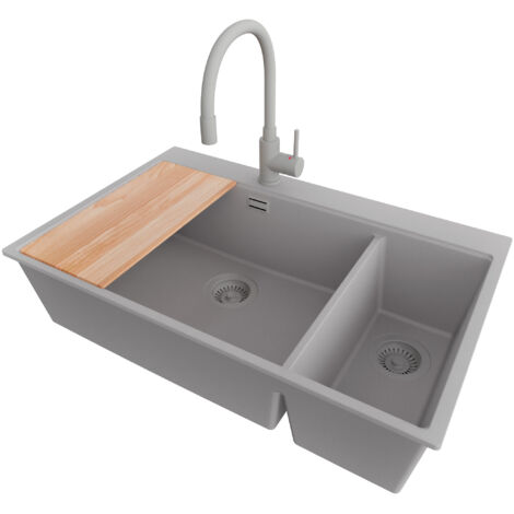 PRIMAGRAN Evier Cuisine en Granit 78x50cm, Lavabo 2 bacs + Robinet 38x14cm + Kit de Vidage + Accessoire, Évier à Encastrer au meuble 80cm - Oslo Duo, Gris
