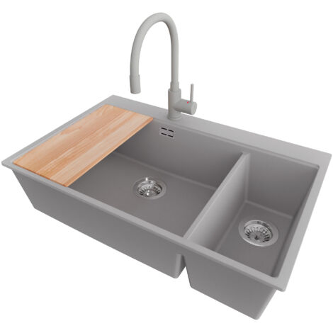 PRIMAGRAN Evier Cuisine en Granit 78x50cm, Lavabo 2 bacs + Robinet 38x14cm + Kit de Vidage + Accessoire, Évier à Encastrer au meuble 80cm - Oslo Duo, Gris