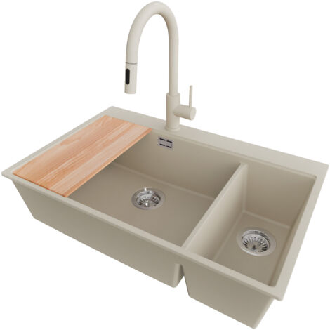 PRIMAGRAN Evier Cuisine en Granit 78x50cm, Lavabo 2 bacs + Robinet 40x20cm + Kit de Vidage + Accessoire, Évier à Encastrer au meuble 80cm - Oslo Duo, Beige