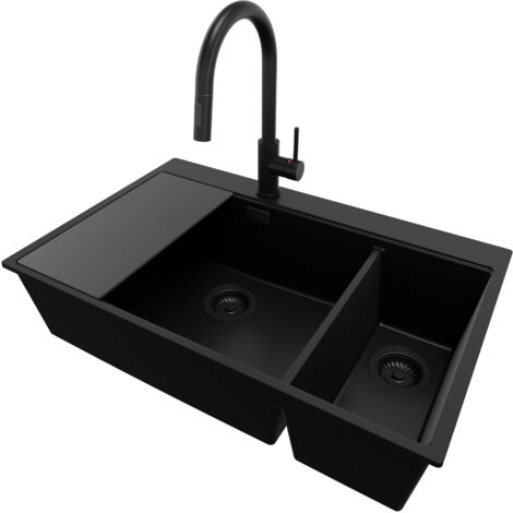 PRIMAGRAN Evier Cuisine en Granit 78x50cm, Lavabo 2 bacs + Robinet 40x20cm + Kit de Vidage + Accessoire, Évier à Encastrer au meuble 80cm - Oslo Duo, Tout Noir