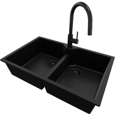 PRIMAGRAN Evier Cuisine en Granit 78x50cm, Lavabo 2 bacs + Robinet 40x20cm + Kit de Vidage, Évier à Encastrer au meuble 80cm - Madrid Twin, Tout Noir