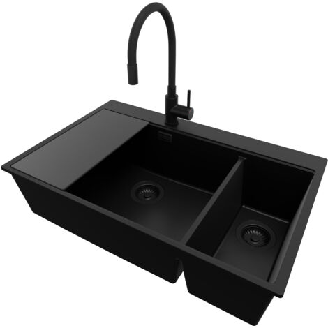 PRIMAGRAN Evier Cuisine en Granit 78x50cm, Lavabo 2 bacs + Robinet 40x38cm + Kit de Vidage + Accessoire, Évier à Encastrer au meuble 80cm - Oslo Duo, Tout Noir