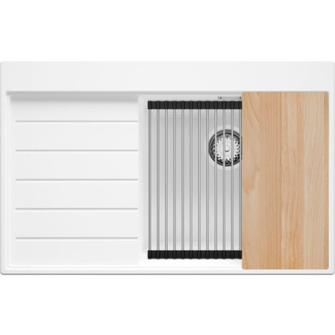 PRIMAGRAN Evier Cuisine en Granit 78x50cm,Lavabo 1 bac + Kit de Vidage + Accessoires, Évier à Encastrer au meuble 50cm - Sydney, Blanc