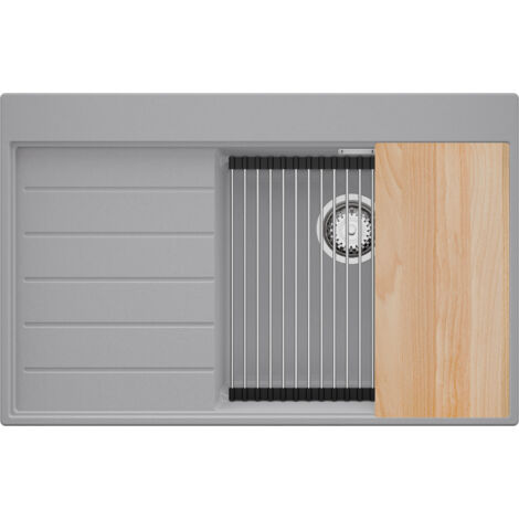 PRIMAGRAN Evier Cuisine en Granit 78x50cm,Lavabo 1 bac + Kit de Vidage + Accessoires, Évier à Encastrer au meuble 50cm - Sydney, Gris