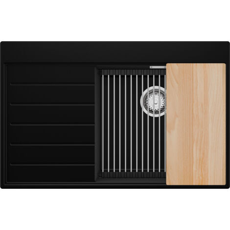 PRIMAGRAN Evier Cuisine en Granit 78x50cm,Lavabo 1 bac + Kit de Vidage + Accessoires, Évier à Encastrer au meuble 50cm - Sydney, Noir