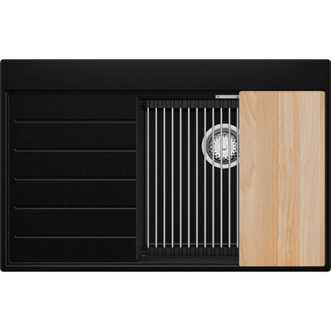 PRIMAGRAN Evier Cuisine en Granit 78x50cm,Lavabo 1 bac + Kit de Vidage + Accessoires, Évier à Encastrer au meuble 50cm - Sydney, Noir Métallisé
