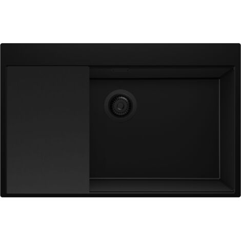 PRIMAGRAN Evier Cuisine en Granit 78x50cm,Lavabo 1 bac + Kit de Vidage + Planche à Découper, Évier à Encastrer au meuble 80cm - Oslo, Tout Noir