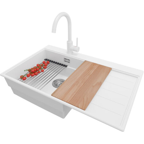 PRIMAGRAN Evier Cuisine en Granit 78x50cm,Lavabo 1 bac + Robinet 32x20cm + Kit de Vidage + Accessoires, Évier à Encastrer au meuble 50cm - Sydney, Blanc