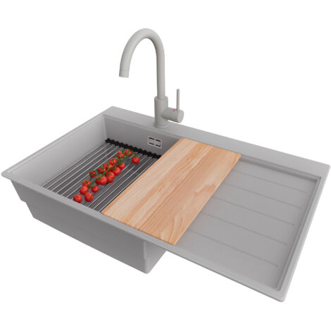 PRIMAGRAN Evier Cuisine en Granit 78x50cm,Lavabo 1 bac + Robinet 32x20cm + Kit de Vidage + Accessoires, Évier à Encastrer au meuble 50cm - Sydney, Gris