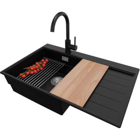 PRIMAGRAN Evier Cuisine en Granit 78x50cm,Lavabo 1 bac + Robinet 32x20cm + Kit de Vidage + Accessoires, Évier à Encastrer au meuble 50cm - Sydney, Noir