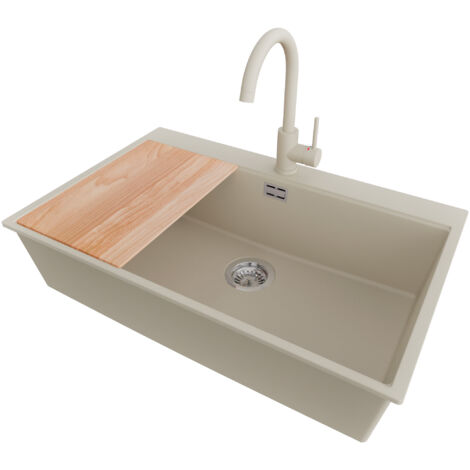 PRIMAGRAN Evier Cuisine en Granit 78x50cm,Lavabo 1 bac + Robinet 32x20cm + Kit de Vidage + Planche à Découper, Évier à Encastrer au meuble 80cm - Oslo, Beige