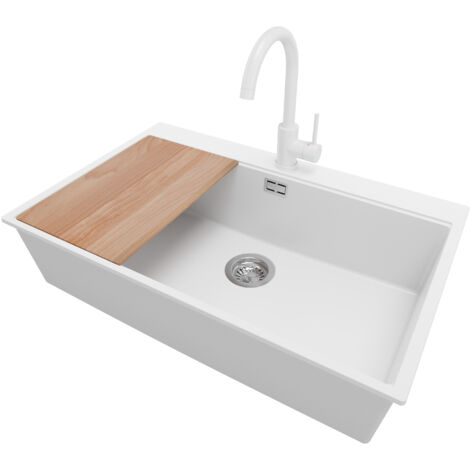 PRIMAGRAN Evier Cuisine en Granit 78x50cm,Lavabo 1 bac + Robinet 32x20cm + Kit de Vidage + Planche à Découper, Évier à Encastrer au meuble 80cm - Oslo, Blanc