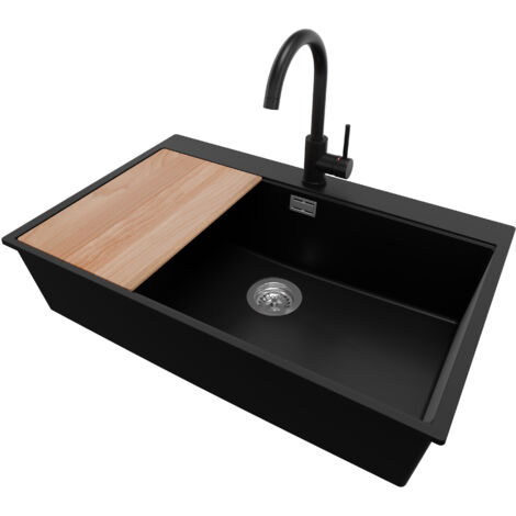 PRIMAGRAN Evier Cuisine en Granit 78x50cm,Lavabo 1 bac + Robinet 32x20cm + Kit de Vidage + Planche à Découper, Évier à Encastrer au meuble 80cm - Oslo, Noir