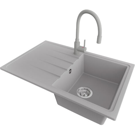 PRIMAGRAN Evier Cuisine en Granit 78x50cm,Lavabo 1 bac + Robinet 38x14cm + Kit de Vidage, Évier à Encastrer au meuble 45cm - Milan, Gris