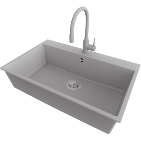PRIMAGRAN Evier Cuisine en Granit 78x50cm,Lavabo 1 bac + Robinet 38x14cm + Kit de Vidage, Évier à Encastrer au meuble 80cm - Riga, Gris