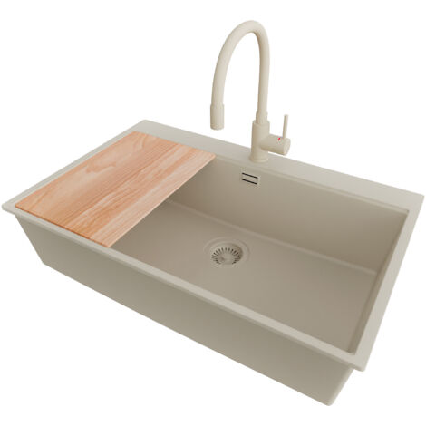 PRIMAGRAN Evier Cuisine en Granit 78x50cm,Lavabo 1 bac + Robinet 38x14cm + Kit de Vidage + Planche à Découper, Évier à Encastrer au meuble 80cm - Oslo, Beige