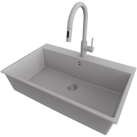 PRIMAGRAN Evier Cuisine en Granit 78x50cm,Lavabo 1 bac + Robinet 40x20cm + Kit de Vidage, Évier à Encastrer au meuble 80cm - Riga, Gris