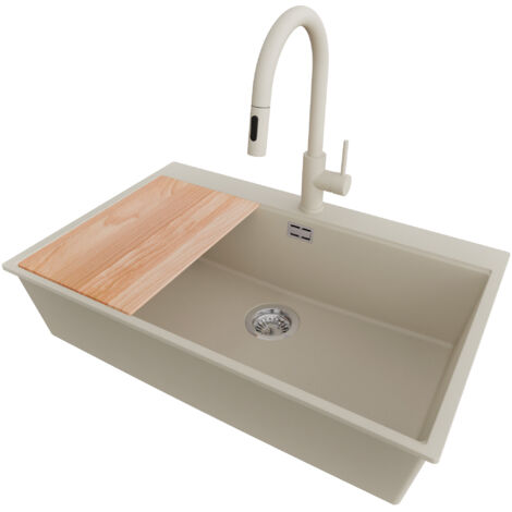 PRIMAGRAN Evier Cuisine en Granit 78x50cm,Lavabo 1 bac + Robinet 40x20cm + Kit de Vidage + Planche à Découper, Évier à Encastrer au meuble 80cm - Oslo, Beige