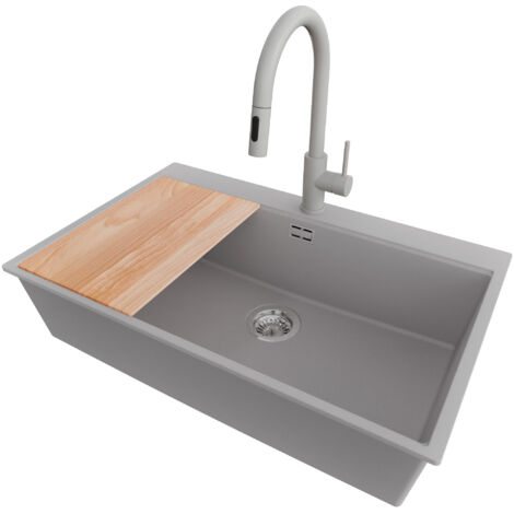 PRIMAGRAN Evier Cuisine en Granit 78x50cm,Lavabo 1 bac + Robinet 40x20cm + Kit de Vidage + Planche à Découper, Évier à Encastrer au meuble 80cm - Oslo, Gris