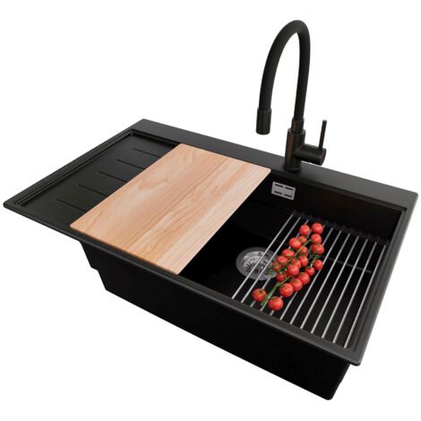 PRIMAGRAN Evier Cuisine en Granit 78x50cm,Lavabo 1 bac + Robinet 40x38cm + Kit de Vidage + Accessoires, Évier à Encastrer au meuble 60cm - Sydney, Noir