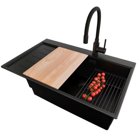 PRIMAGRAN Evier Cuisine en Granit 78x50cm,Lavabo 1 bac + Robinet 40x38cm + Kit de Vidage + Accessoires, Évier à Encastrer au meuble 60cm - Sydney, Tout Noir
