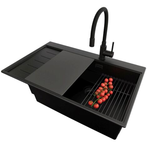 PRIMAGRAN Evier Cuisine en Granit 78x50cm,Lavabo 1 bac + Robinet 40x38cm + Kit de Vidage + Accessoires, Évier à Encastrer au meuble 60cm - Sydney, Tout Noir
