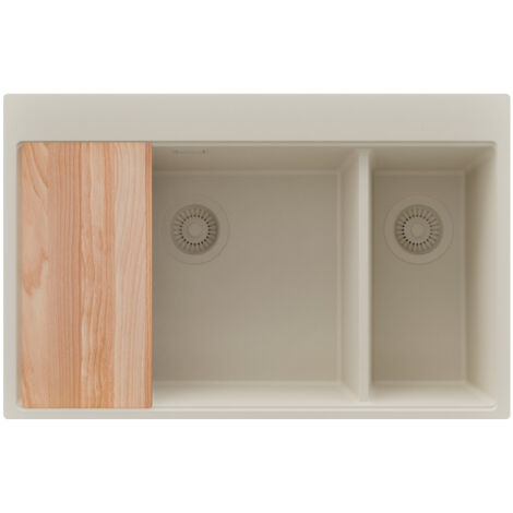 PRIMAGRAN Evier Cuisine en Granit 78x50cm,Lavabo 2 bacs + Kit de Vidage + Planche à Découper, Évier à Encastrer au meuble 80cm - Oslo Duo, Beige