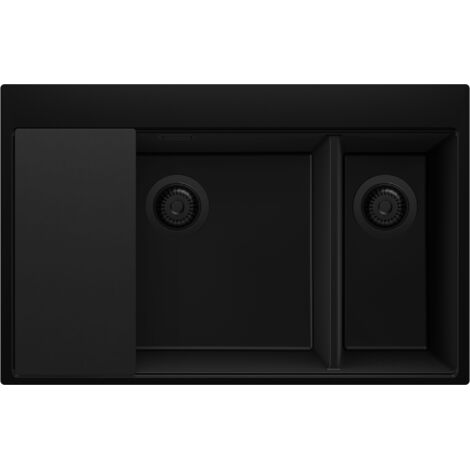 PRIMAGRAN Evier Cuisine en Granit 78x50cm,Lavabo 2 bacs + Kit de Vidage + Planche à Découper, Évier à Encastrer au meuble 80cm - Oslo Duo, Tout Noir
