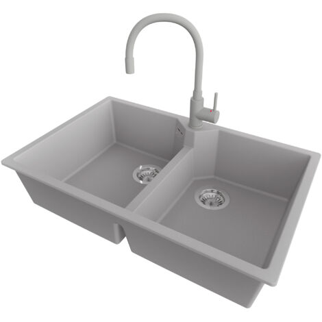 PRIMAGRAN Evier Cuisine en Granit 78x50cm,Lavabo 2 bacs + Robinet 38x14cm + Kit de Vidage, Évier à Encastrer au meuble 80cm - Madrid Twin, Gris