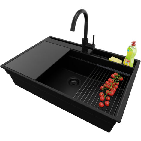 PRIMAGRAN Evier Cuisine en Granit 78x53cm, Lavabo 1 bac + Kit de Vidage + Accessoire, Évier à Encastrer au meuble 80cm - Oslo Pocket, Tout Noir
