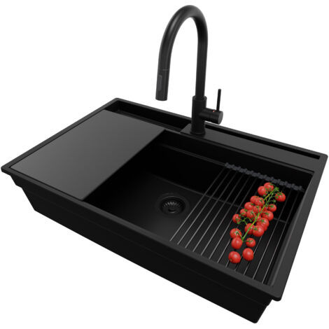 PRIMAGRAN Evier Cuisine en Granit 78x53cm, Lavabo 1 bac + Kit de Vidage + Accessoire, Évier à Encastrer au meuble 80cm - Oslo Pocket, Tout Noir