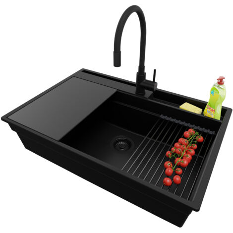 PRIMAGRAN Evier Cuisine en Granit 78x53cm, Lavabo 1 bac + Kit de Vidage + Accessoire, Évier à Encastrer au meuble 80cm - Oslo Pocket, Tout Noir