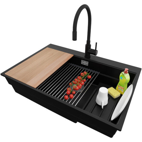 PRIMAGRAN Evier Cuisine en Granit 78x53cm, Lavabo 1 bac + Robinet 40x38cm + Kit de Vidage + Accessoires, Évier à Encastrer au meuble 80cm - Oslo Max, Noir