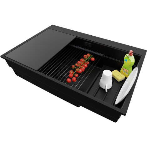 PRIMAGRAN Evier Cuisine en Granit 78x53cm,Lavabo 1 bac + Kit de Vidage + Accessoires, Évier à Encastrer au meuble 80cm - Oslo Max, Tout Noir