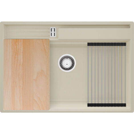 PRIMAGRAN Evier Cuisine en Granit 78x53cm,Lavabo 1 bac + Kit de Vidage + Accessoires, Évier à Encastrer au meuble 80cm - Oslo Pocket, Beige