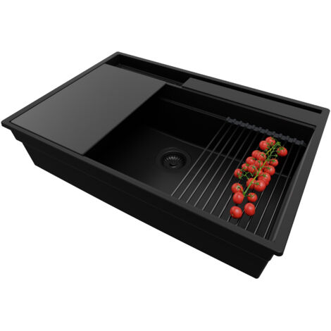 PRIMAGRAN Evier Cuisine en Granit 78x53cm,Lavabo 1 bac + Kit de Vidage + Accessoires, Évier à Encastrer au meuble 80cm - Oslo Pocket, Tout Noir