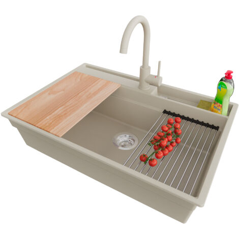 PRIMAGRAN Evier Cuisine en Granit 78x53cm,Lavabo 1 bac + Robinet 32x20cm + Kit de Vidage + Accessoires, Évier à Encastrer au meuble 80cm - Oslo Pocket, Beige