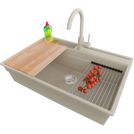 PRIMAGRAN Evier Cuisine en Granit 78x53cm,Lavabo 1 bac + Robinet 32x20cm + Kit de Vidage + Accessoires, Évier à Encastrer au meuble 80cm - Oslo Pocket, Beige