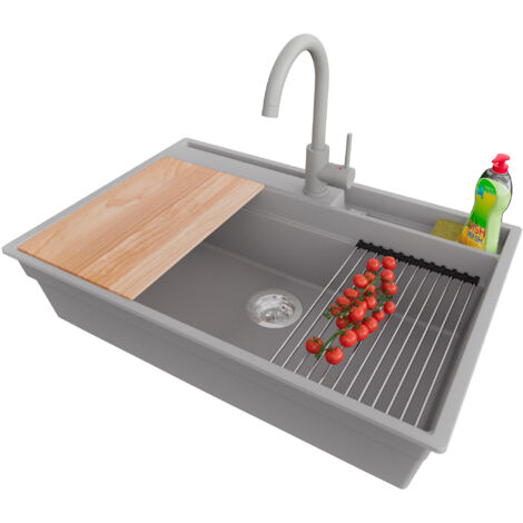 PRIMAGRAN Evier Cuisine en Granit 78x53cm,Lavabo 1 bac + Robinet 32x20cm + Kit de Vidage + Accessoires, Évier à Encastrer au meuble 80cm - Oslo Pocket, Gris
