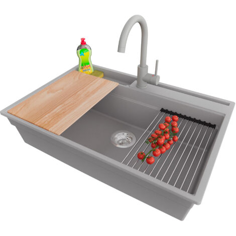 PRIMAGRAN Evier Cuisine en Granit 78x53cm,Lavabo 1 bac + Robinet 32x20cm + Kit de Vidage + Accessoires, Évier à Encastrer au meuble 80cm - Oslo Pocket, Gris