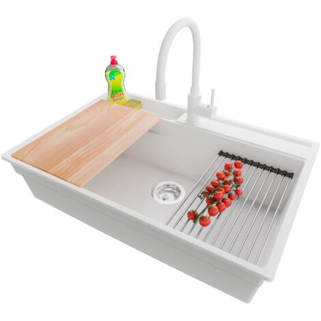 PRIMAGRAN Evier Cuisine en Granit 78x53cm,Lavabo 1 bac + Robinet 38x14cm + Kit de Vidage + Accessoires, Évier à Encastrer au meuble 80cm - Oslo Pocket, Blanc
