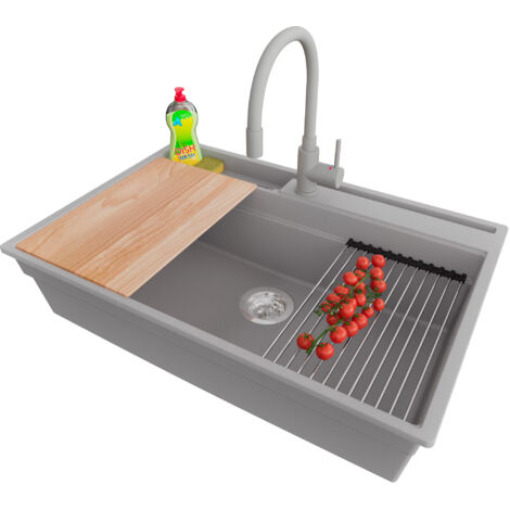 PRIMAGRAN Evier Cuisine en Granit 78x53cm,Lavabo 1 bac + Robinet 38x14cm + Kit de Vidage + Accessoires, Évier à Encastrer au meuble 80cm - Oslo Pocket, Gris
