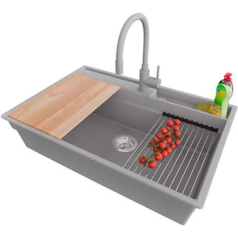 PRIMAGRAN Evier Cuisine en Granit 78x53cm,Lavabo 1 bac + Robinet 38x14cm + Kit de Vidage + Accessoires, Évier à Encastrer au meuble 80cm - Oslo Pocket, Gris
