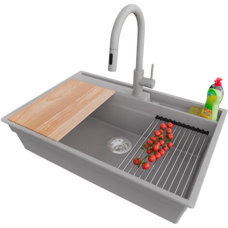 PRIMAGRAN Evier Cuisine en Granit 78x53cm,Lavabo 1 bac + Robinet 40x20cm + Kit de Vidage + Accessoires, Évier à Encastrer au meuble 80cm - Oslo Pocket, Gris