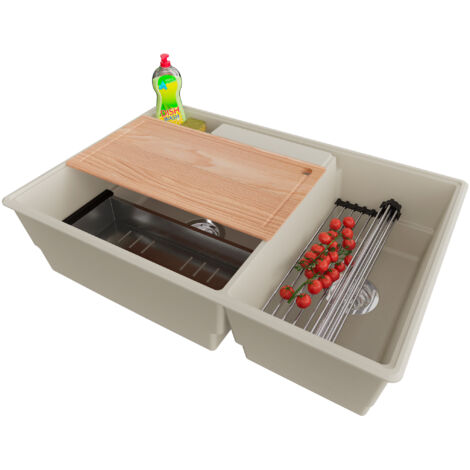 PRIMAGRAN Evier Cuisine en Granit 78x53cm,Lavabo 2 bacs + Kit de Vidage + Accessoires, Évier à Encastrer au meuble 80cm - Paris, Beige