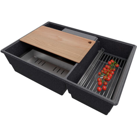 PRIMAGRAN Evier Cuisine en Granit 78x53cm,Lavabo 2 bacs + Kit de Vidage + Accessoires, Évier à Encastrer au meuble 80cm - Paris, Graphite