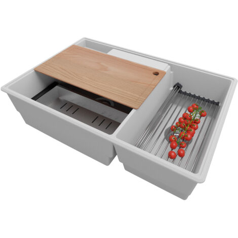 PRIMAGRAN Evier Cuisine en Granit 78x53cm,Lavabo 2 bacs + Kit de Vidage + Accessoires, Évier à Encastrer au meuble 80cm - Paris, Gris