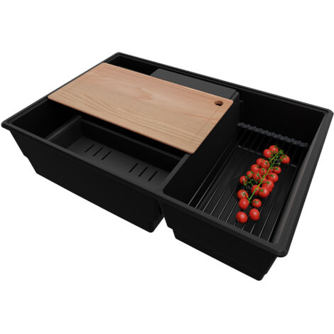 PRIMAGRAN Evier Cuisine en Granit 78x53cm,Lavabo 2 bacs + Kit de Vidage + Accessoires, Évier à Encastrer au meuble 80cm - Paris, Tout Noir