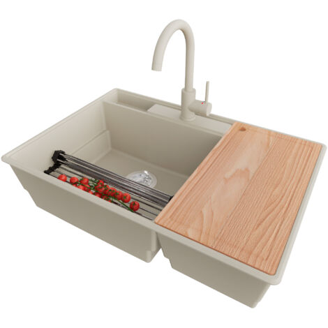 PRIMAGRAN Evier Cuisine en Granit 78x53cm,Lavabo 2 bacs + Robinet 32x20cm + Kit de Vidage + Accessoires, Évier à Encastrer au meuble 80cm - Paris, Beige